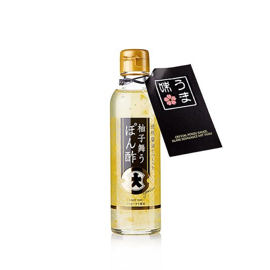 Bouteille transparente de 200 ml de sauce Fundodai Crystal Ponzu, une sauce soja japonaise au goût de yuzu, sauce soja transparente au yuzu, parfaite pour rehausser le goût d'une variété de plats.