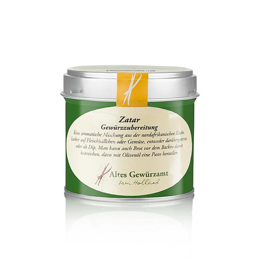 Préparation aux herbes Zatar, Altes Gewürzamt (nouvelle recette), 60 g - mélange aromatique d'herbes et d'épices du Moyen-Orient dans un emballage de 60 g de Altes Gewürzamt avec une nouvelle recette.