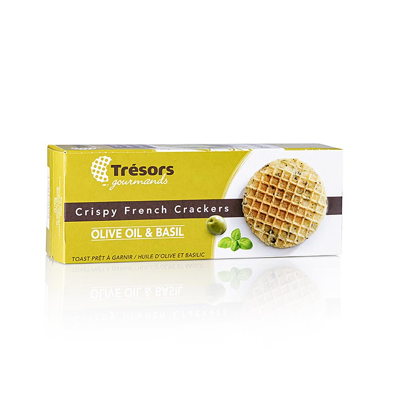 Barsnack Tresors - Crunchy French Mini waffle cracker olive oil & basil, 95 g - délicieux mini waffle crackers français avec un mélange parfait d'huile d'olive et de basilic, 95 grammes