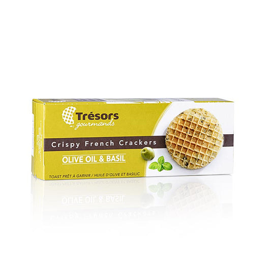 Barsnack Tresors - Crunchy French Mini waffle cracker olive oil & basil, 95 g - délicieux mini waffle crackers français avec un mélange parfait d'huile d'olive et de basilic, 95 grammes