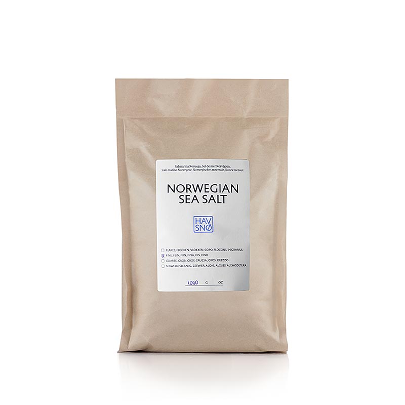 1 kg de sel marin fin HAVSNØ, provenant de la mer du Nord, produit par North Sea Salt Factory en Norvège (anciennement Krakebolle)