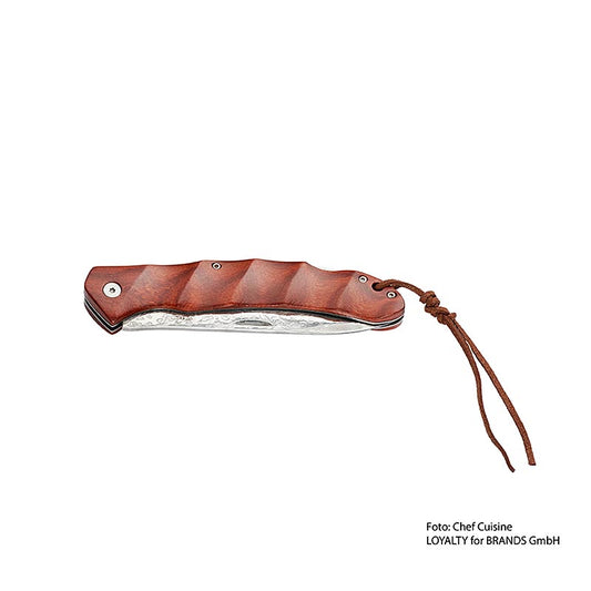 Couteau de chef Damas de fabrication artisanale avec manche en bois, présenté dans un élégant coffret de rangement