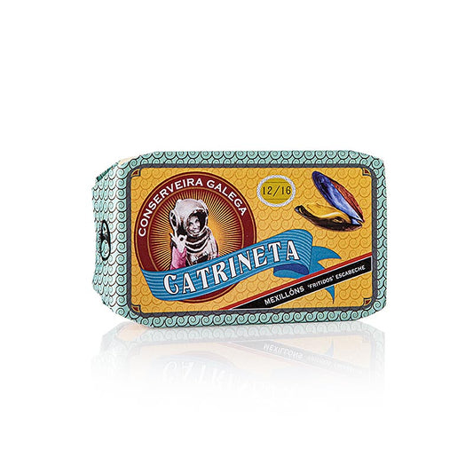 Moules de Galice en sauce escabèche, 12-16 pièces, Catrineta, 115 g, crustacés délicieusement conservés dans une marinade épicée