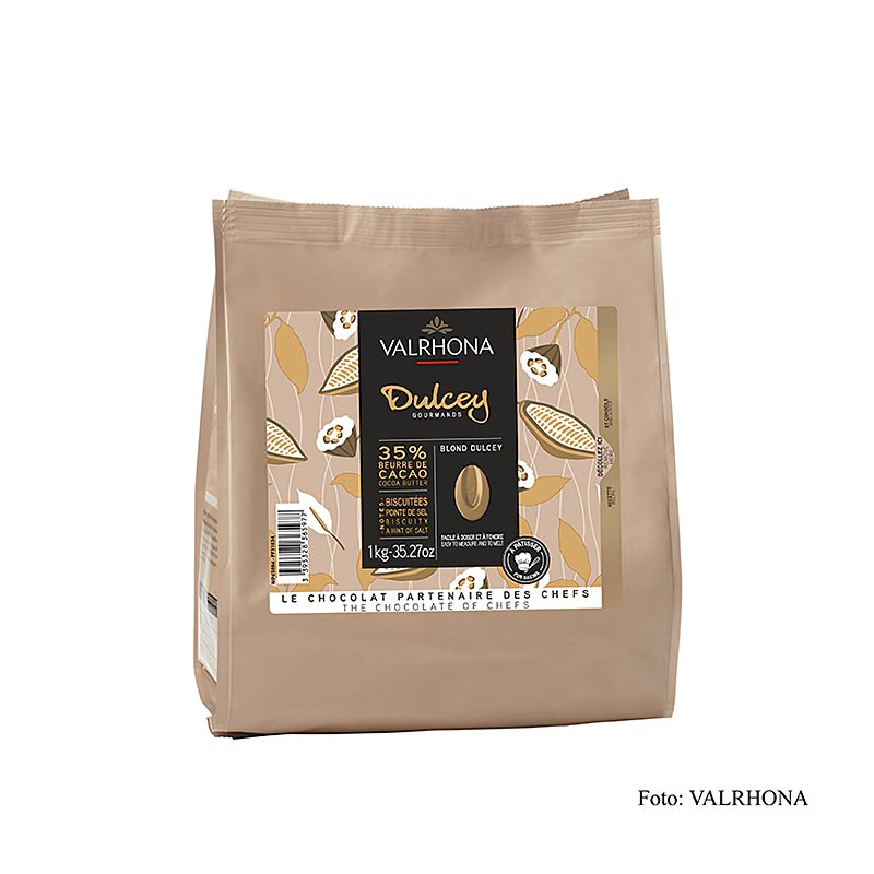 Valrhona Dulcey, Callets de chocolat blond 35%, 1 kg - Callets de chocolat blond de haute qualité, crémeux et onctueux pour les desserts et confections gourmandes.