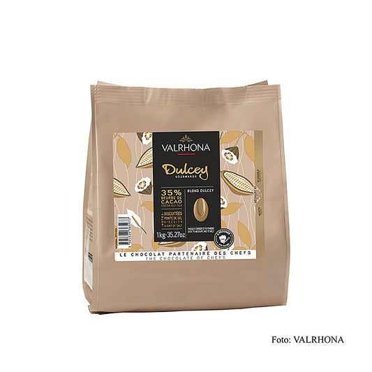 Valrhona Dulcey, Callets de chocolat blond 35%, 1 kg - Callets de chocolat blond de haute qualité, crémeux et onctueux pour les desserts et confections gourmandes.