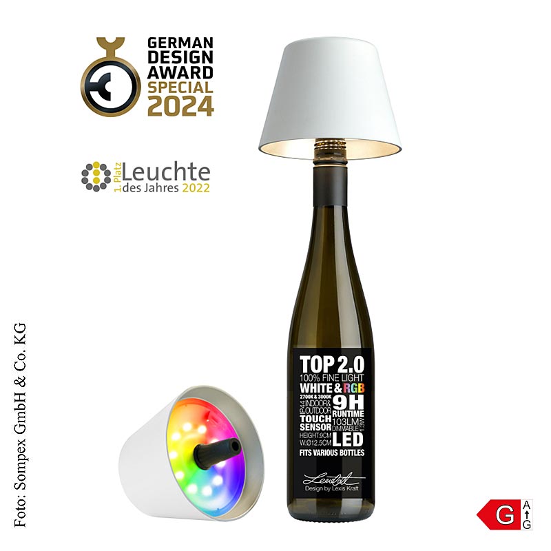 Lampe de table TOP 20 en plastique blanc, 11x125cm, batterie rechargeable, convient aux bouteilles (72521)