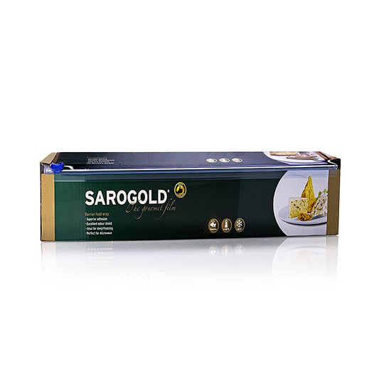 Feuille gastronomique SAROGOLD de haute qualité, 30 cm de large, dans une boîte pliante pratique (boîte pliante), avec 300 mètres de feuille d'aluminium ménager durable, 1 unité