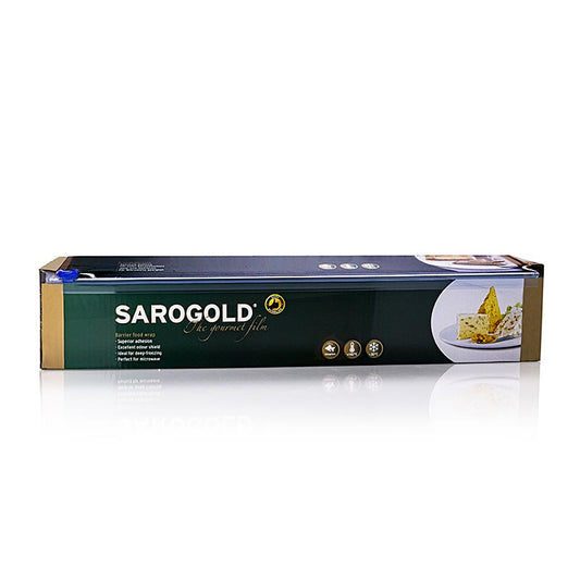 Film gourmet SAROGOLD de haute qualité, largeur 45 cm, dans un emballage pratique en boîte pliante (boîte pliante), fournissant 300 mètres de film ménager, 1 rouleau