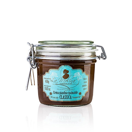 Crème de nougat au gianduja au lait entier de La Molina, riche et crémeuse, 450g, parfaite pour les desserts indulgents et les gâteries sucrées.
