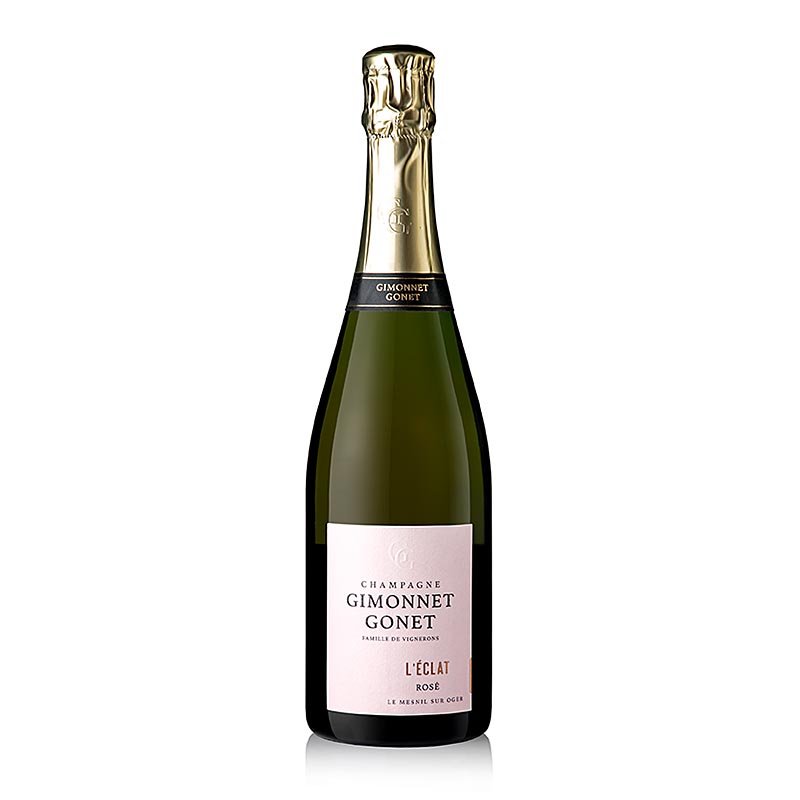 Bouteille de Champagne Gimonnet Gonet l'Eclat brut, 750 ml, joliment présentée, avec une teinte rose vibrante et une étiquette élégante, parfaite pour célébrer les occasions spéciales.