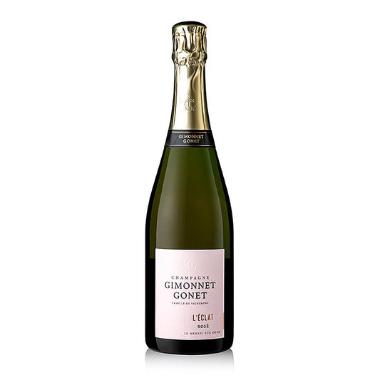 Bouteille de Champagne Gimonnet Gonet l'Eclat brut, 750 ml, joliment présentée, avec une teinte rose vibrante et une étiquette élégante, parfaite pour célébrer les occasions spéciales.