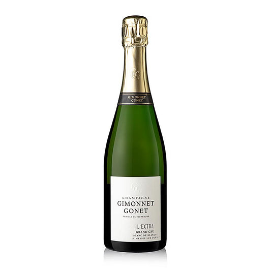 Bouteille de 750 ml de Champagne Gimonnet Gonet l'Extra Blanc de Blancs Grand Cru EXTRA brut, un vin mousseux sec de haute qualité de France.