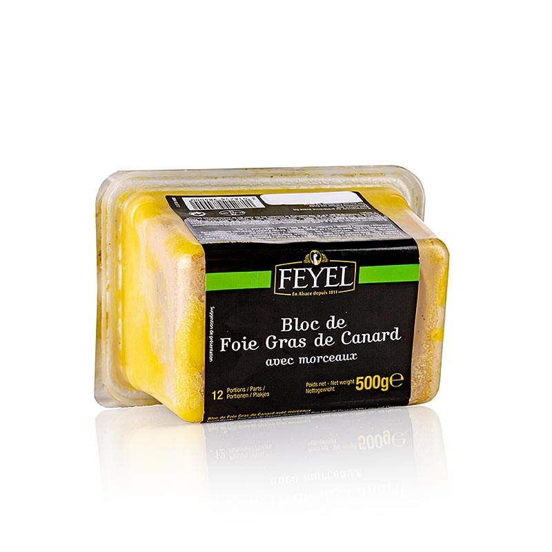 Bloc de foie gras de canard, avec morceaux, Feyel, 500 g - délicieux pâté de foie de canard en bloc, parfait comme mets de luxe pour les fêtes et les occasions spéciales.