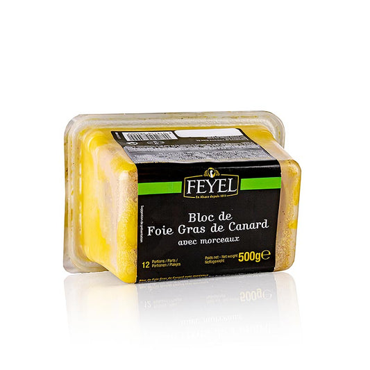 Bloc de foie gras de canard, avec morceaux, Feyel, 500 g - délicieux pâté de foie de canard en bloc, parfait comme mets de luxe pour les fêtes et les occasions spéciales.