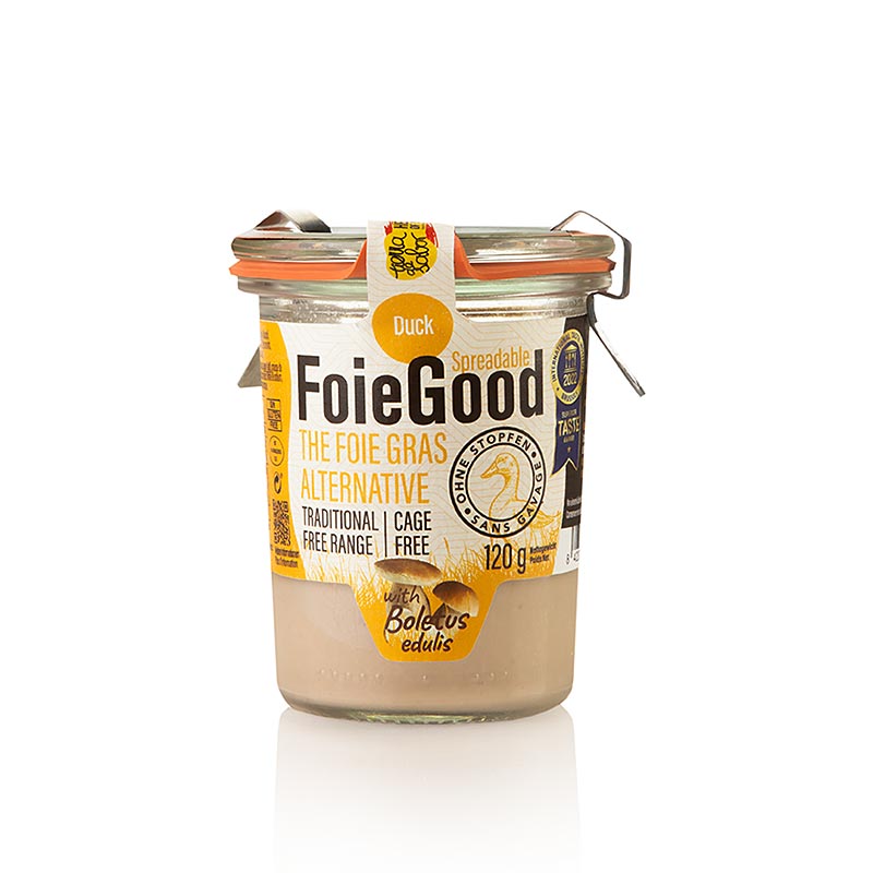 Pâté de foie de canard, aux cèpes, FoieGood (sans bouchon), 120 g - Un délicieux et crémeux pâté de foie de canard aux cèpes de FoieGood, conditionné dans un pot de 120 g sans bouchon.
