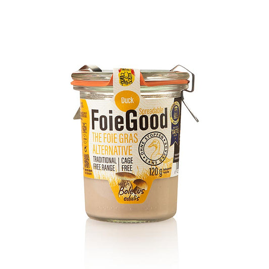 Pâté de foie de canard, aux cèpes, FoieGood (sans bouchon), 120 g - Un délicieux et crémeux pâté de foie de canard aux cèpes de FoieGood, conditionné dans un pot de 120 g sans bouchon.