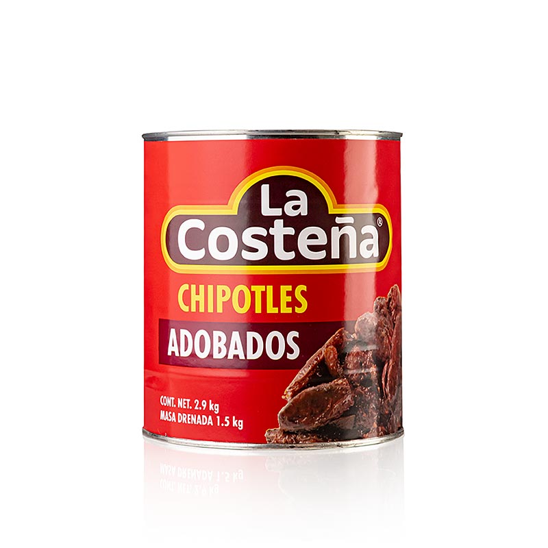 Piments chipotle fumés en sauce adobo de La Costena, emballés dans un conteneur de 28 kg