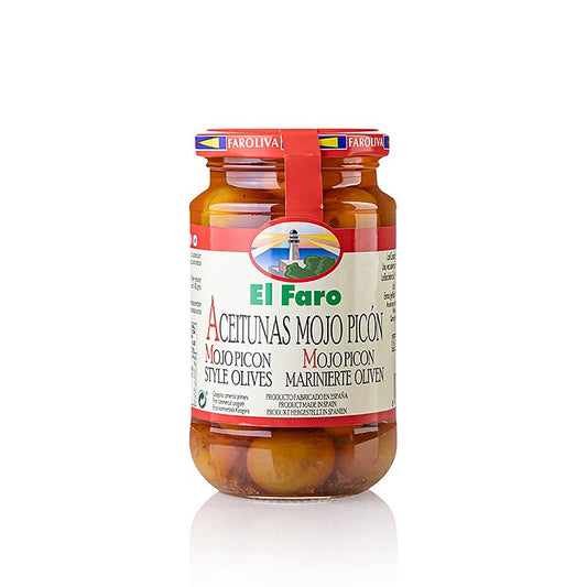 Olives vertes Mojo Picon, avec noyau, El Faro, 350 g - Olives vertes espagnoles avec noyau, de la marque El Faro, 350 g