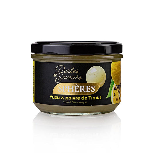 Boules de caviar de fruits Yuzu & Timut Pfe, 20mm sphériques, Perles de Saveurs, 220 g, env 30 pcs - délicieuses boules de fruits exotiques de 20mm aux saveurs de Yuzu et Timut Pfe, parfaites pour les créations culinaires