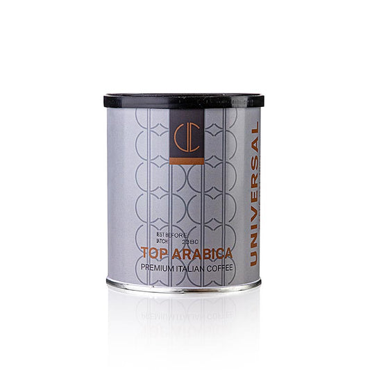 Un paquet de 250 g d'Espresso Universal Top Arabica, un café 100% Arabica, finement moulu pour une expérience d'infusion riche et aromatique.