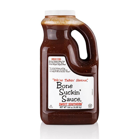 Grande bouteille de 37 litres de Bone Suckin Sauce Sweet Southern de Ford's Food, parfaite pour les amateurs de barbecue et de grillades.