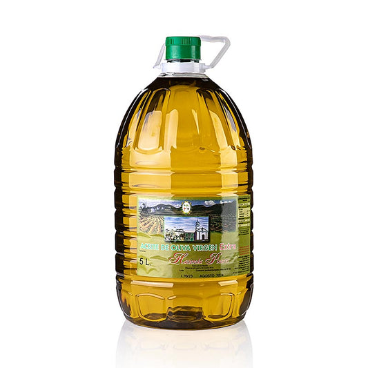 Huile d'olive extra vierge de Hacienda Pinares, avec seulement 0,2% d'acidité, d'Espagne, conditionnée en bouteille de 5 litres.