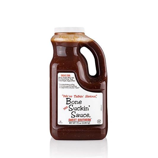 Grande bouteille de 169 litres de sauce Bone Suckin' Sweet Southern BBQ Sauce de Ford's Food, idéale pour griller et mariner les viandes.