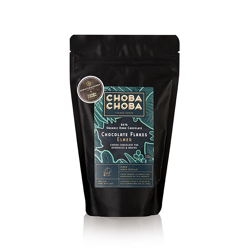 Elmer 64% Couverture amère Flocons de chocolat Choba Choba BIO 220g Prix spécial Valable jusqu'au 30/09/2024 - Flocons de chocolat bio de haute qualité et de longue durée à un prix spécial réduit