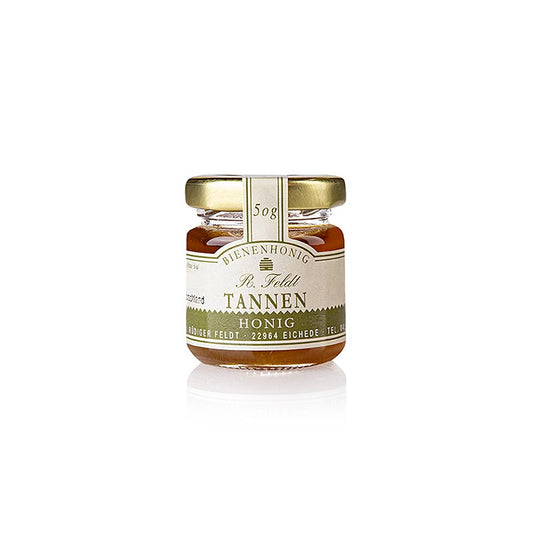 Miel de pin, pot portion, rucher Feldt, 50 g - miel naturel emballé dans un petit pot, produit dans le rucher Feldt, d'un poids de 50 g.