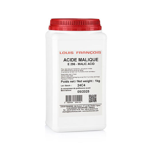 L'acide malique E296, également connu sous le nom d'acide malique, est un conservateur alimentaire naturel et un exhausteur de goût, conditionné dans un emballage de 1 kg par Louis Francoise.
