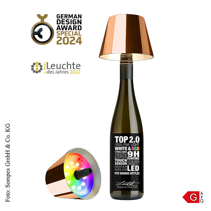 Lampe de table en cuivre TOP20 avec batterie rechargeable pour bouteilles, 11x125cm (72552)