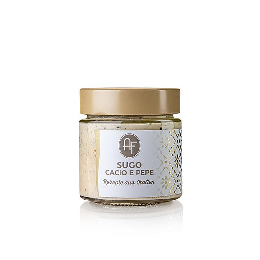 Gros plan sur un emballage de 200 g de Sugo Cacio e Pepe - Sauce au fromage et au poivre d'Appennino Food, une sauce au fromage et au poivre délicieuse et savoureuse.