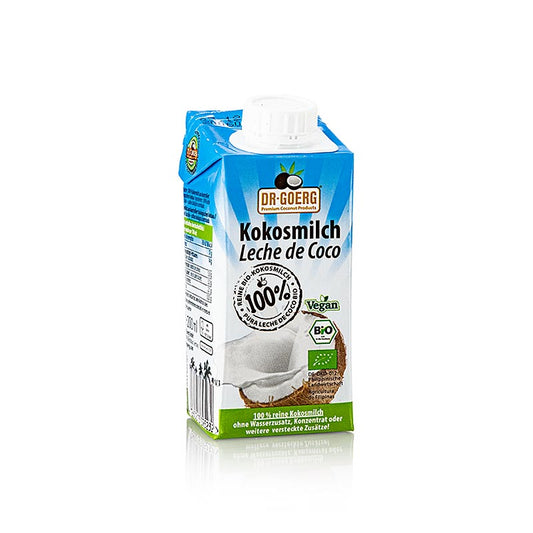Lait de coco biologique de Dr Goerg, fabriqué à partir de 100% de noix de coco, dans une bouteille de 200ml.