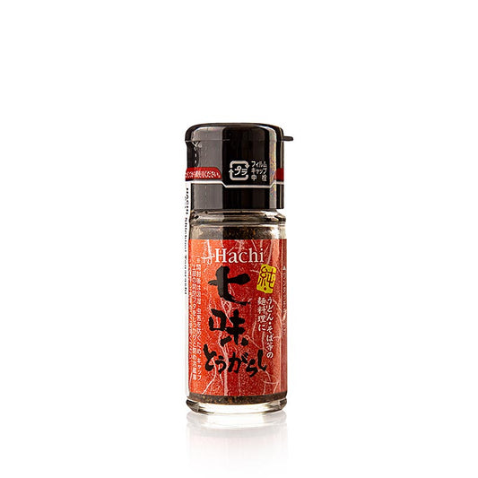Piment - Shichimi Togarashi, Japon, Hachi, 15 g - illustration d'un pot de mélange d'épices pimentées du Japon, appelé Shichimi Togarashi, de la marque Hachi, d'une contenance de 15 grammes