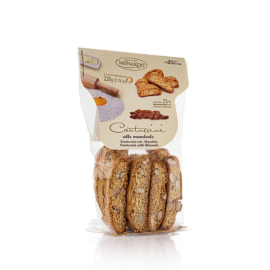 Cantuccini avec 25% d'amandes, biscuits italiens aux amandes, Monardo, 220 g - Délicieux biscuits italiens aux amandes avec 25% d'amandes, parfaits pour le goûter ou à déguster avec le café