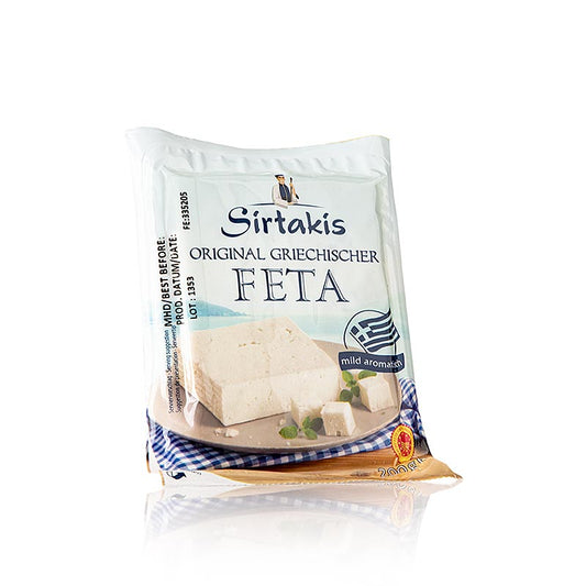 Feta grecque AOP, fromage de brebis, Sirtakis, 200 g - fromage de brebis grec traditionnel au goût acidulé, idéal pour les salades et les pâtisseries.