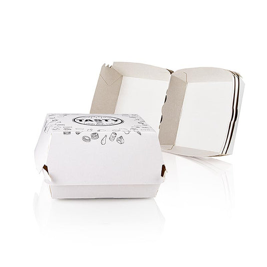 Boîte à hamburgers en carton jetable avec marquage 'Tasty', 115x115x70mm, 3x100 pièces, parfaite pour les repas à emporter, 300 pièces au total