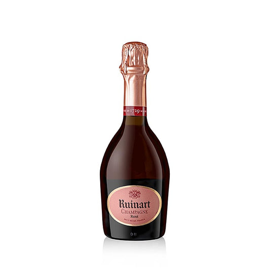 Champagne Ruinart rosé, brut, 375 ml, image de la bouteille avec une jolie étiquette rose et des accents dorés