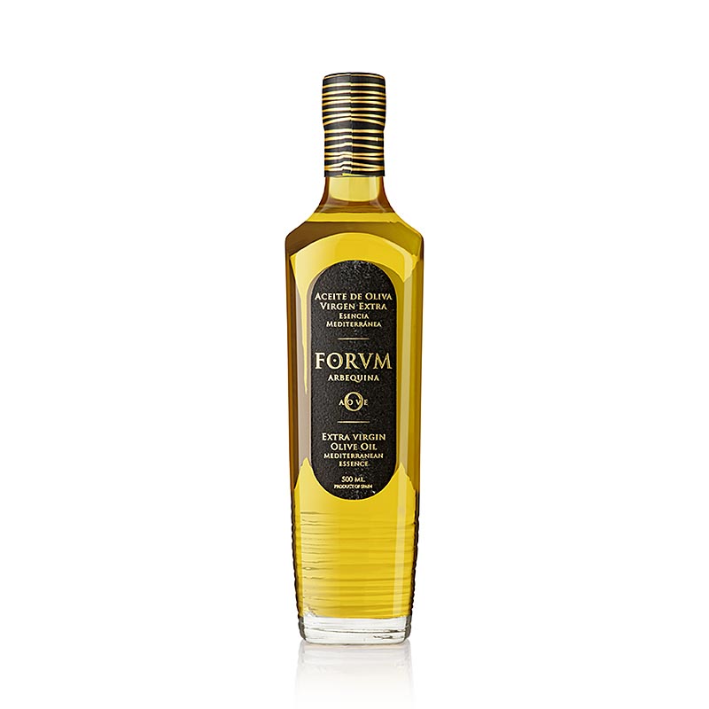 Bouteille de 500 ml d'huile d'olive extra vierge Arbequina de première pression par FORVM, une marque d'huile d'olive espagnole de première qualité