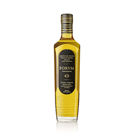 Bouteille de 500 ml d'huile d'olive extra vierge Arbequina de première pression par FORVM, une marque d'huile d'olive espagnole de première qualité