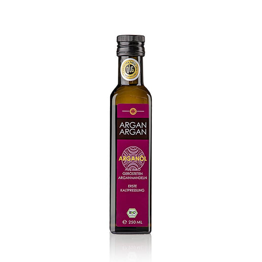 Huile d'argan biologique torréfiée et filtrée provenant de l'arganier marocain restauré traditionnellement, flacon de 250ml