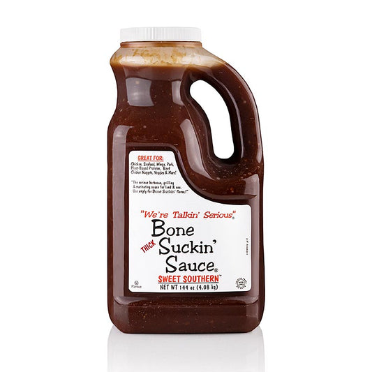 Une grande bouteille de 37 litres de Bone Suckin' Sweet Southern BBQ Sauce de Ford's Food, une sauce épaisse et riche parfaite pour griller et mariner les viandes.