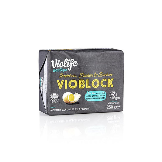 Violife Vioblock, un substitut de beurre végétalien de 250 g, parfait pour la cuisine et la pâtisserie sans produits laitiers.