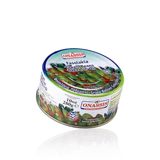 Fasolakia - Haricots verts à la sauce tomate, Onassis, 280 g - Haricots grecs traditionnels à la sauce tomate, emballés dans un paquet pratique de 280 g